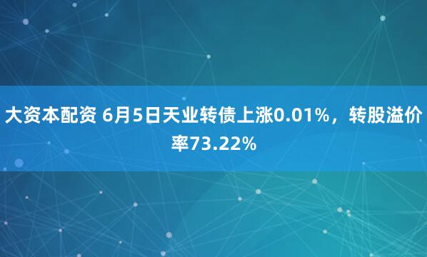 大资本配资 6月5日天业转债上涨0.01%，转股溢价率73.22%